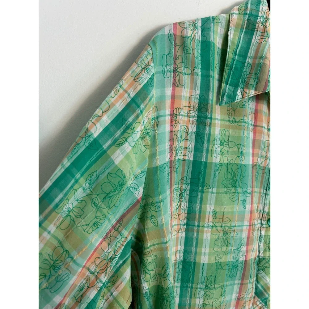 Alia Women Green Plaid Floral Button Up Shirt Short Sleeve Tab Textured Top - Picture 7 of 9